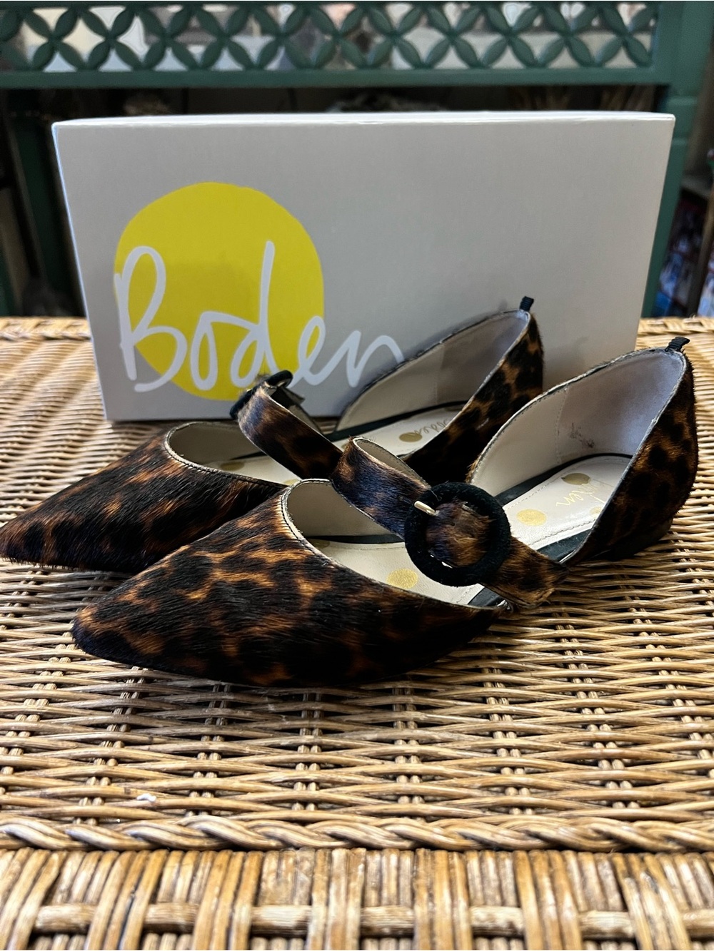 Boden Leopard-Print Pointed Mary Jane Flats in Brown
